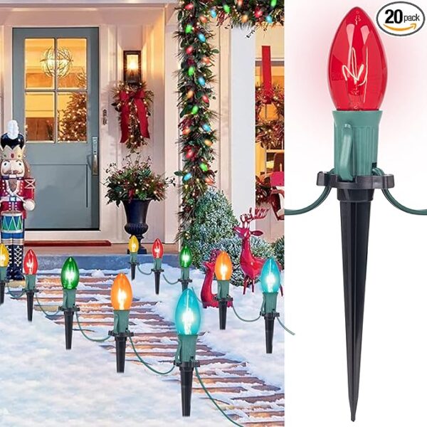 Christmas Pathway Lights Outdoor, 25.7 Feet C9 Christmas Lights with 20 Multicolor Bulbs and Stakes,
