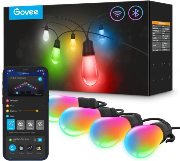 Govee Smart Outdoor String Lights H7021, RGBIC Warm White 96ft (2 Ropes of 48ft) LED Bulbs for Christmas Decorations