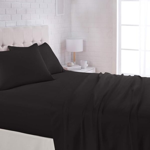 Basics Lightweight Super Soft Easy Care Microfiber 4 Piece Bed Sheet Set with 14-Inch Deep Pockets, Queen, Black, Solid