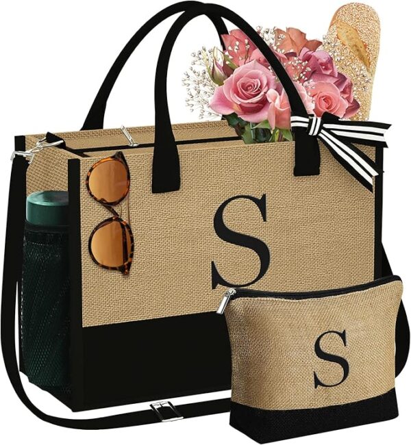 Women - Initial Jute Tote Bag & Makeup Bag